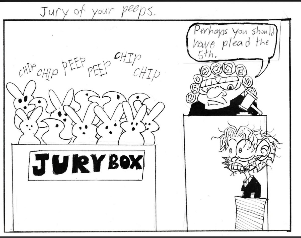 A judge talks to a jury of peeps