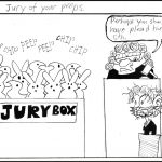 A judge talks to a jury of peeps