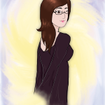 A digital sketch of a woman in a black shirt winking