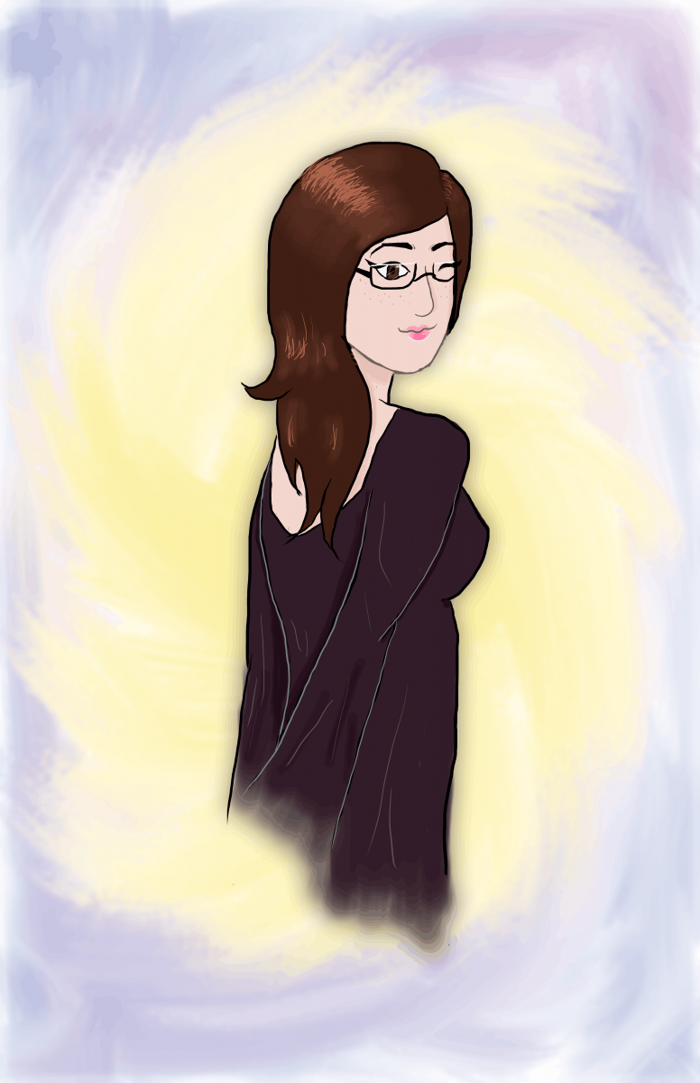A digital sketch of a woman in a black shirt winking