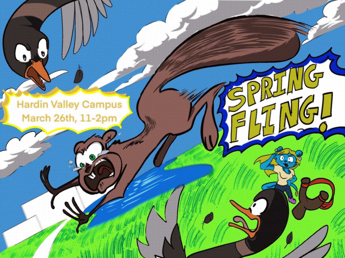 Spring Fling comic. A squirrel jumps through the air next to two geese. Cordia watches in the background.