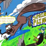 Spring Fling comic. A squirrel jumps through the air next to two geese. Cordia watches in the background.