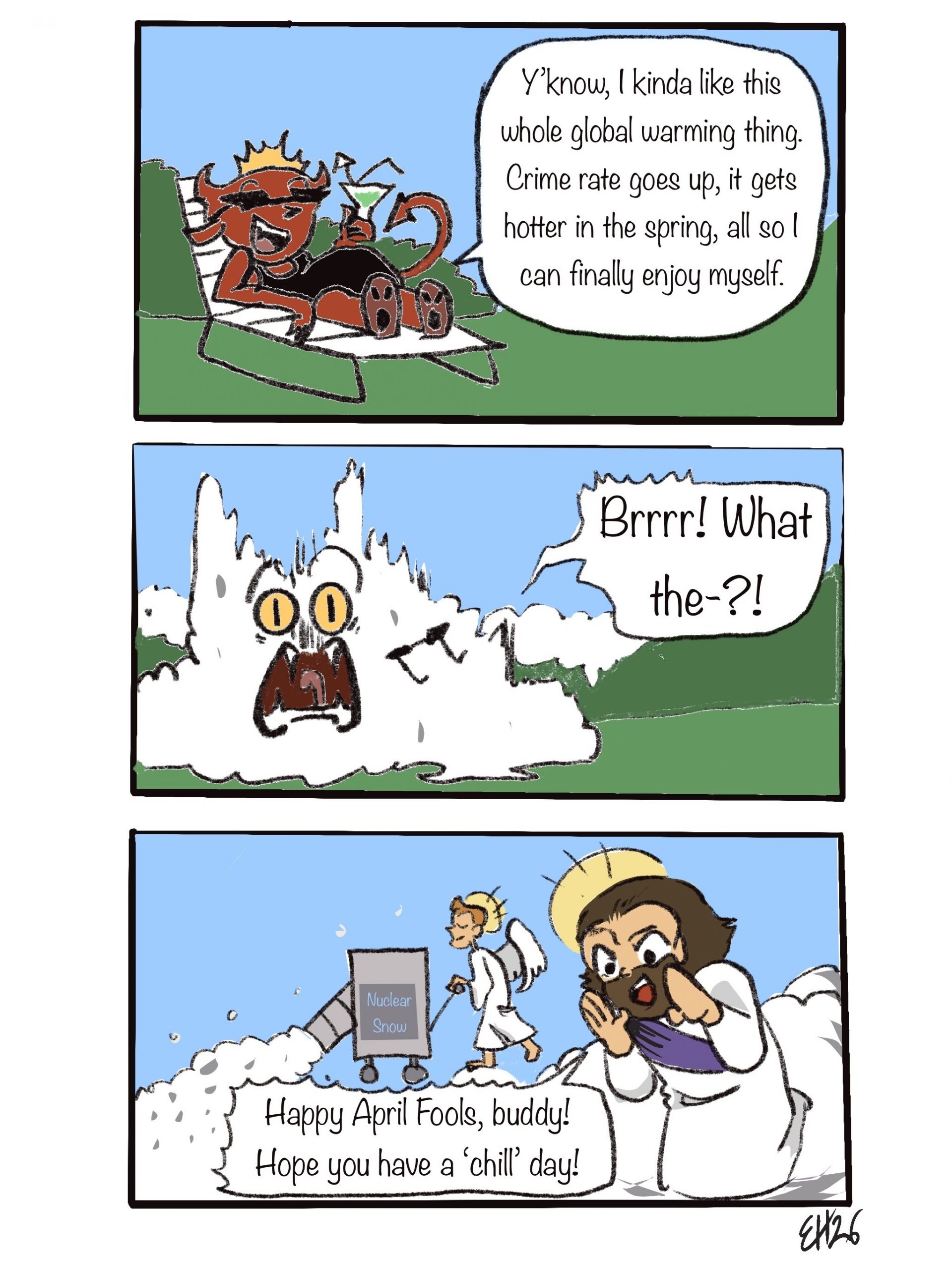 Prayful Pranks a cartoon by Evelyn Hawkey