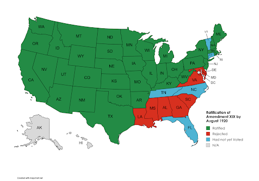 Map of the United States, showing which states had ratified the 19th Amendment by 1920. Notably, most of the US Southeast had either rejected it or not voted on it.