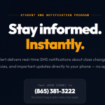 "STUDENT SMS NOTIFICATION PROGRAM" "Stay informed. Instantly" "PAWS Alert delivers real-time SMS notifications about class changes, cmapus emergencies, and important updates directly to your phone-no app required." "Text Join [CODE] to (865) 381-3222"