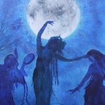 Painting of a woman dancing in moonlight with a blue background