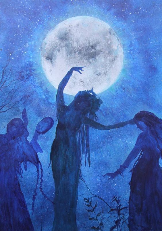 Painting of a woman dancing in moonlight with a blue background