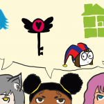 Three people looking up towards a speech bubble with the the Homestuck logo, Hazbin Hotel logo, Pomni from The Amazing Digital Circus, and Aoba from Dramatical Murder
