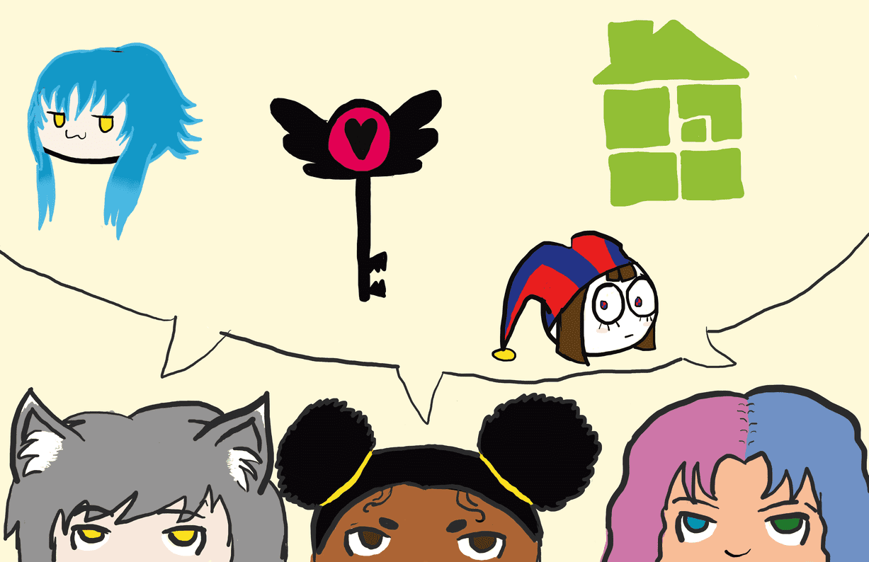 Three people looking up towards a speech bubble with the the Homestuck logo, Hazbin Hotel logo, Pomni from The Amazing Digital Circus, and Aoba from Dramatical Murder