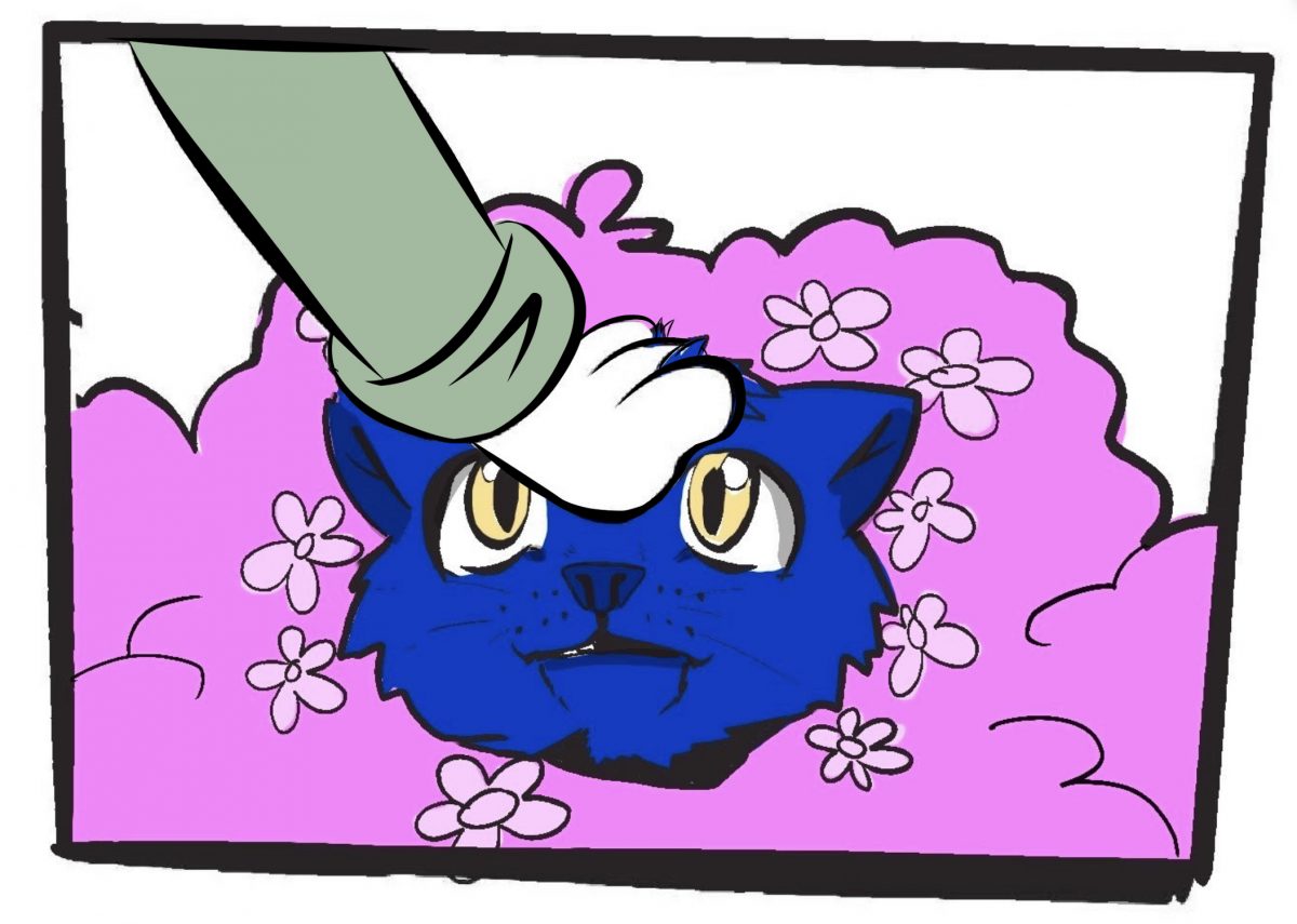 Description; {Paxton‘s hand lays upon a blue cat hiding in the pink flowers. It stares with wide eyes at the palm on the cat’s forehead.}