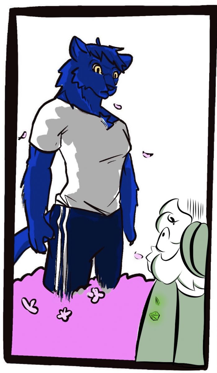 Description:{Pax the panther rises out of the bush, casting a shadow over the miniature Paxton. They both stare at each other in surprise}
