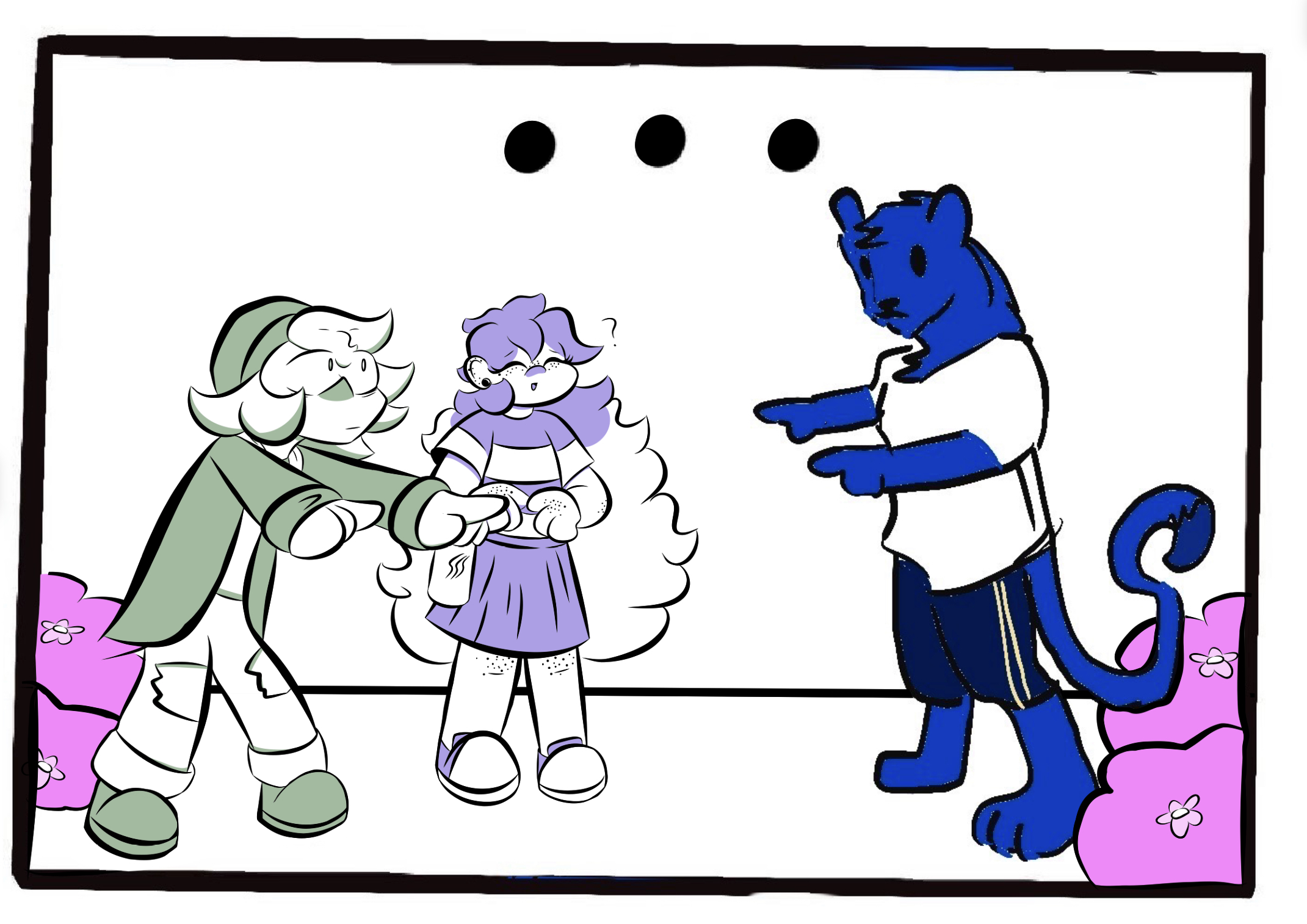 Description: {all three of them stand in silence questioning, who came first? The person or the cat?]