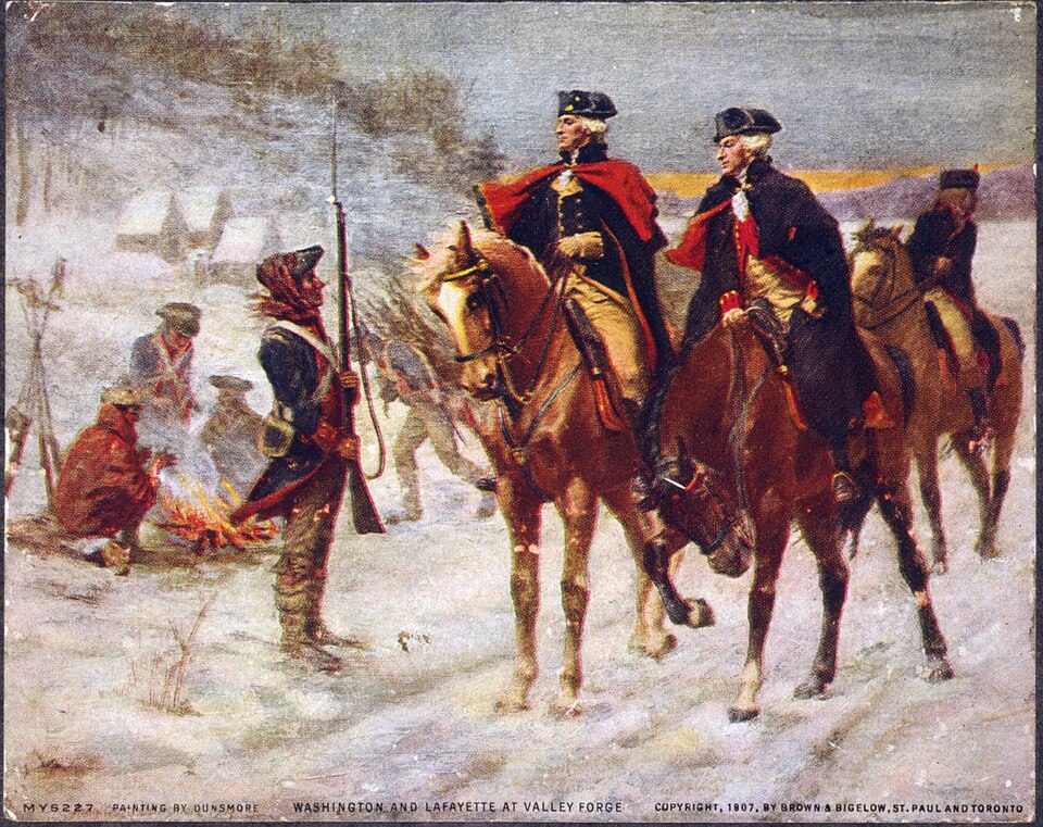Washington’s encampment at Valley Forge was plagued by a lack of food and medicine for his troops, largely because he had no money to pay local farmers.