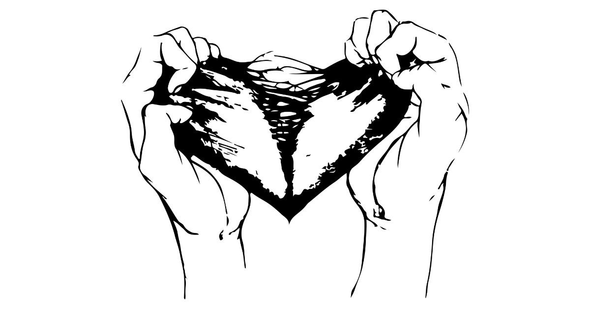 black and white image of hands ripping a heart in half