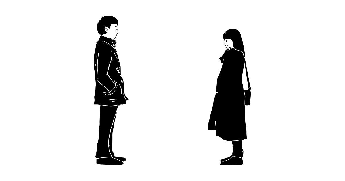 a woman and man standing apart looking at each other smiling