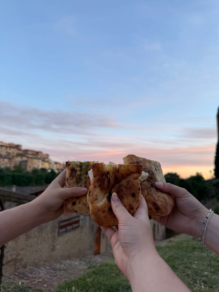 Italian picnic with view of Siena and beautiful sunset