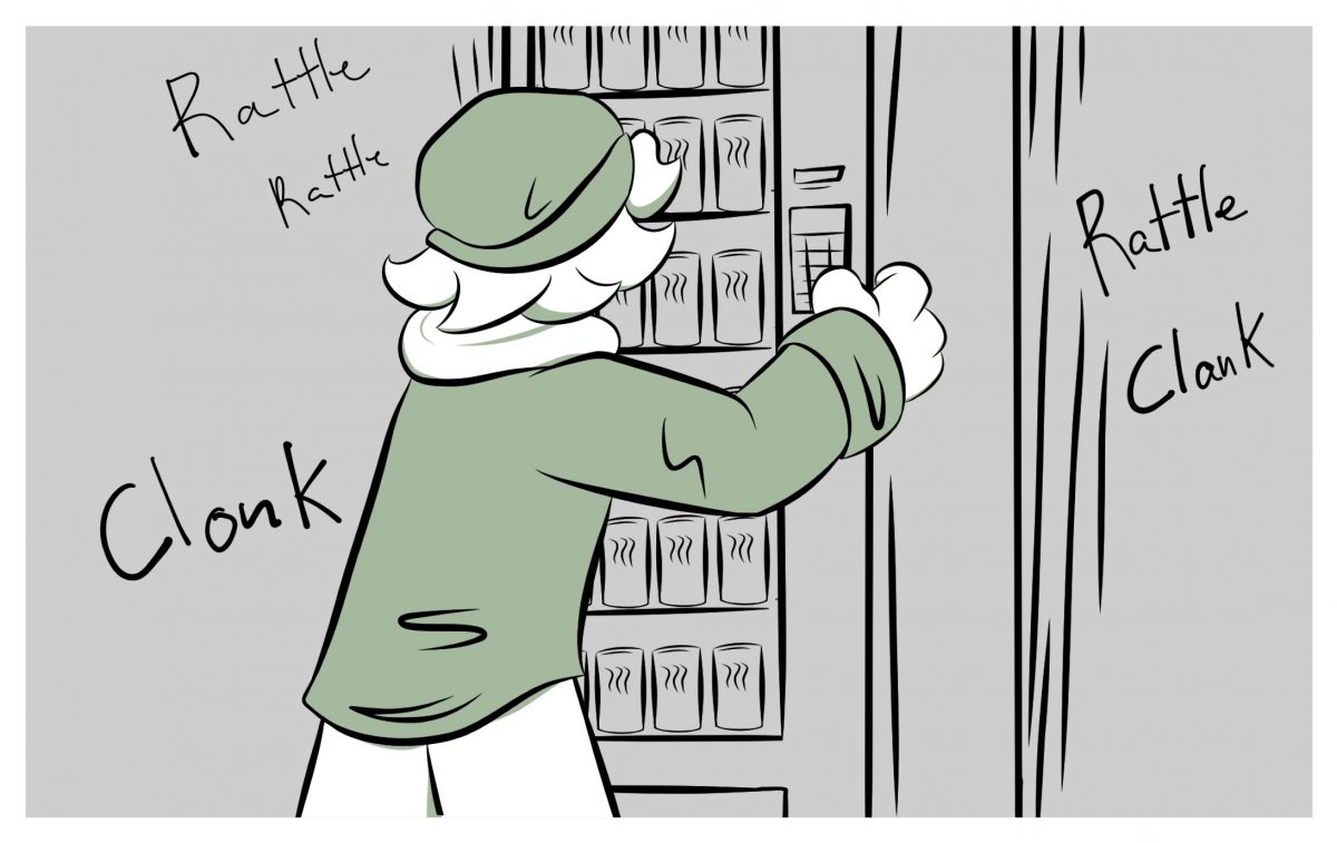 Aggressive text reading *rattle *clonk and *clank scattered across the panel.