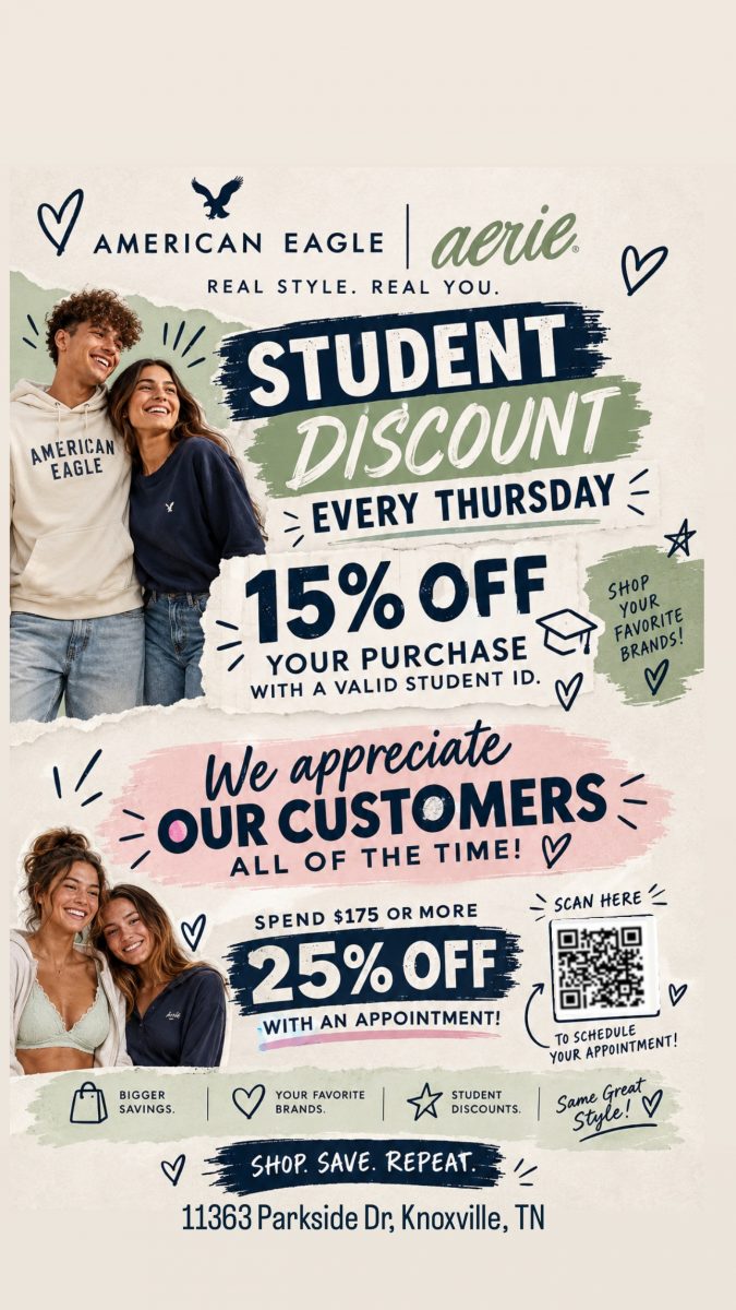 "American Eagle | Aerie" "Real Style. Real You" "Student discount every thursday" "15% off your purchase with a valid student ID" "Shop your favorite brands" "We appreciate our customers all of the time" "Spend $175 or more 25% off with an appointment" "Scan here to schedule your appointment" "Bigger savings. Your favorite brands. Student Discounts. Same great style" "Shop. Save. Repeat." "11363 Parkside Dr, Knoxville, Tn"
