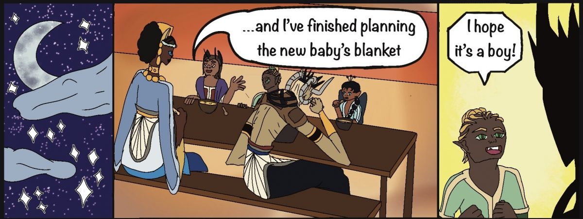 Hestia: …and I’ve finished planning the new baby’s blanket Demeter: I hope it’s a boy!