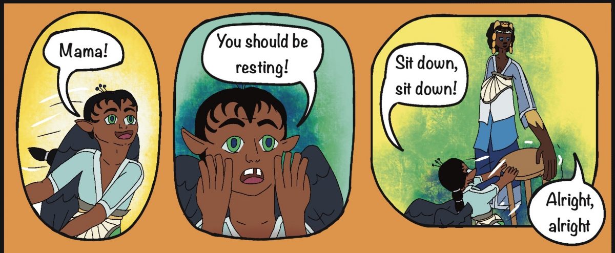 Hera: Mama! You should be resting! Sit down, sit down! Rheia: Alright, alright
